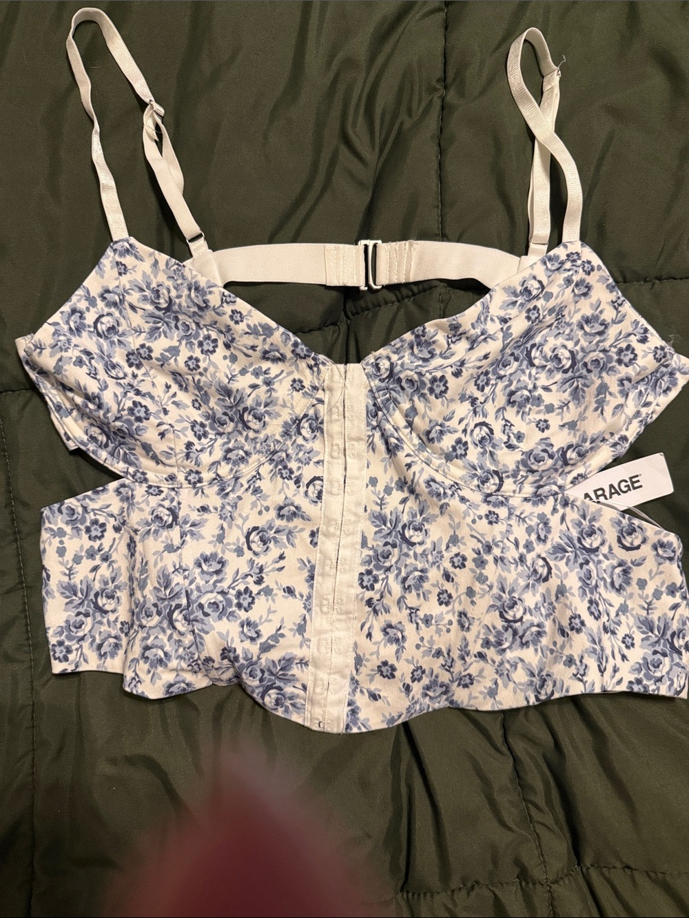 Garage White Corset Crop Top with Blue Floral Print